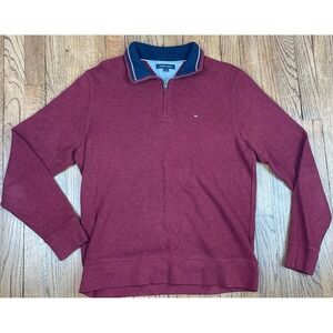 Tommy Hilfiger Men's 1/4 Zip Mock Neck Sweater Pullover Logo Red Men's Sz Medium